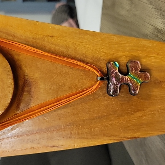 Autism Awareness Orange Multi Fused Glass Handmade Artisan Puzzle Pendant - Picture 2 of 7